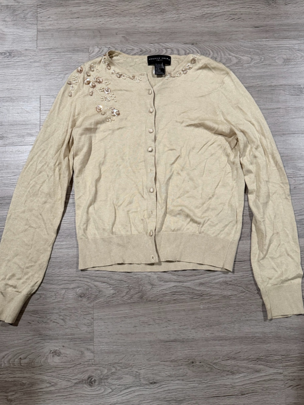 August Silk Cotton Wool Cream Embellished Button-Front Cardigan Sweater M